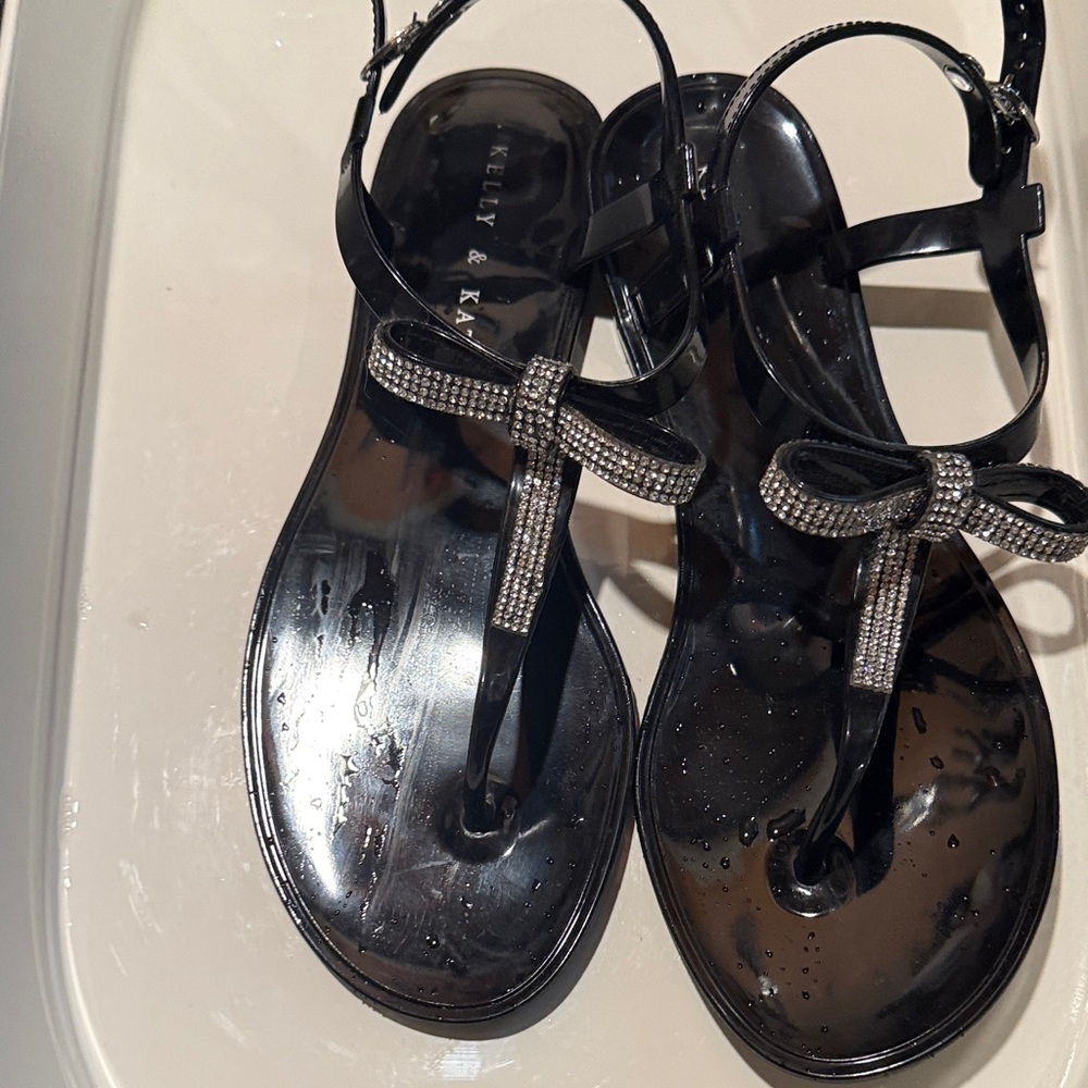 Kelly & Katie Black Sandals with Rhinestone Bow
